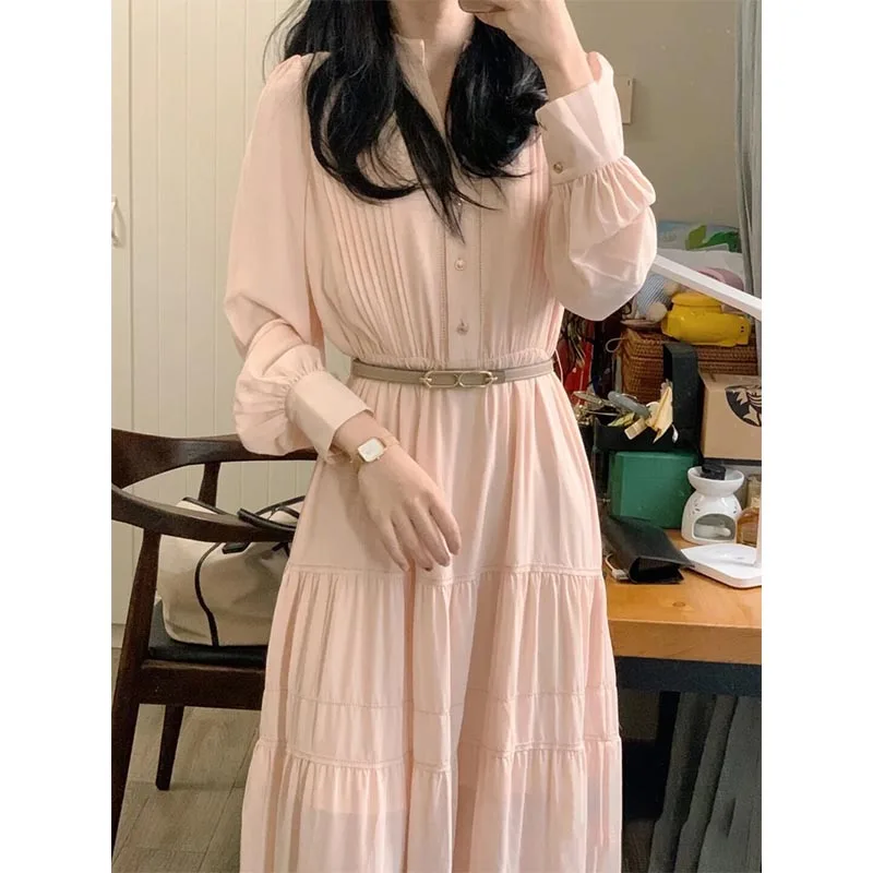 

Autumn Elegant Dresses Women Slim A-line High Waist Pleated Dress Female 2022 Gentle Lady Long Dress Casual French Style K163