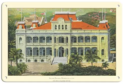 

Гавайский Королевский Дворец Иолани-Гонолулу-открытка Гавайского цвета c.1910 металлический жестяной знак