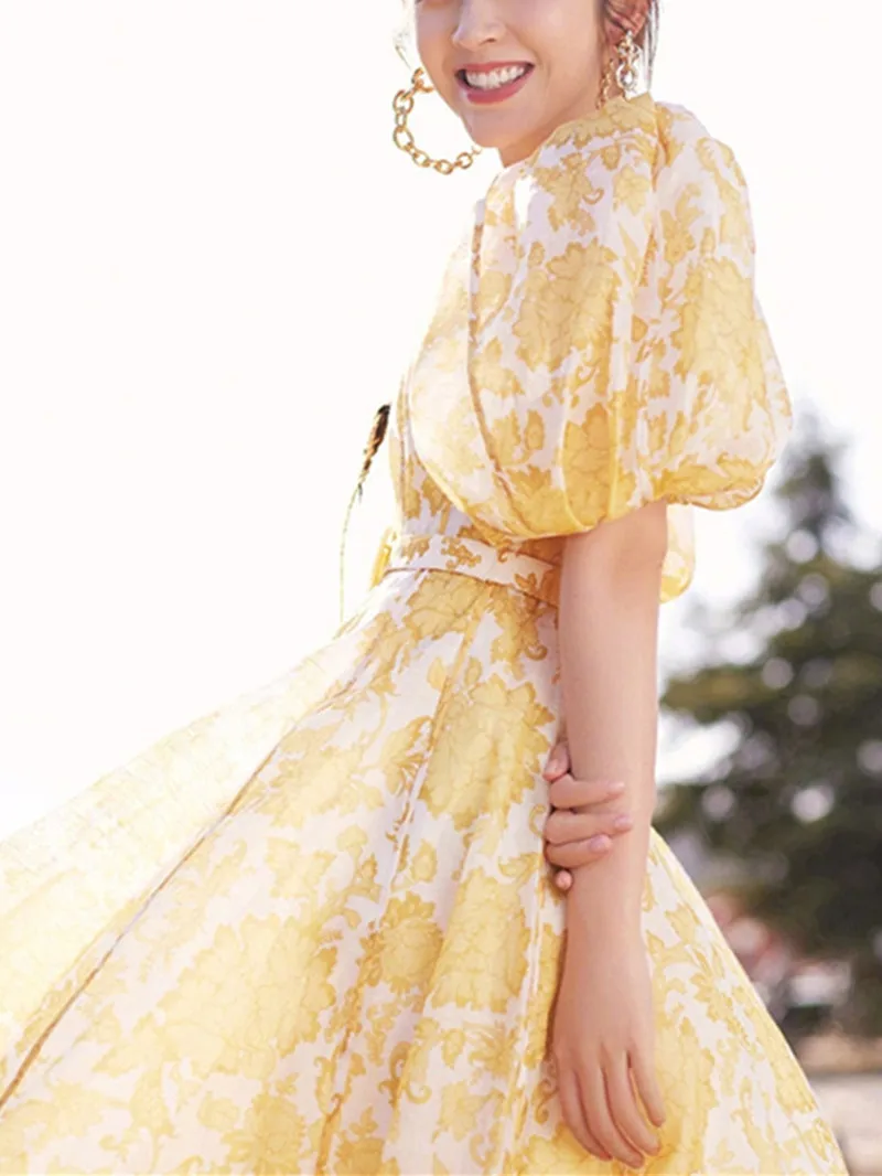 

Женское длинное платье с бантом на талии, желтое свободное платье с V-образным вырезом и рукавами-фонариками, украшенное принтом в виде раку...