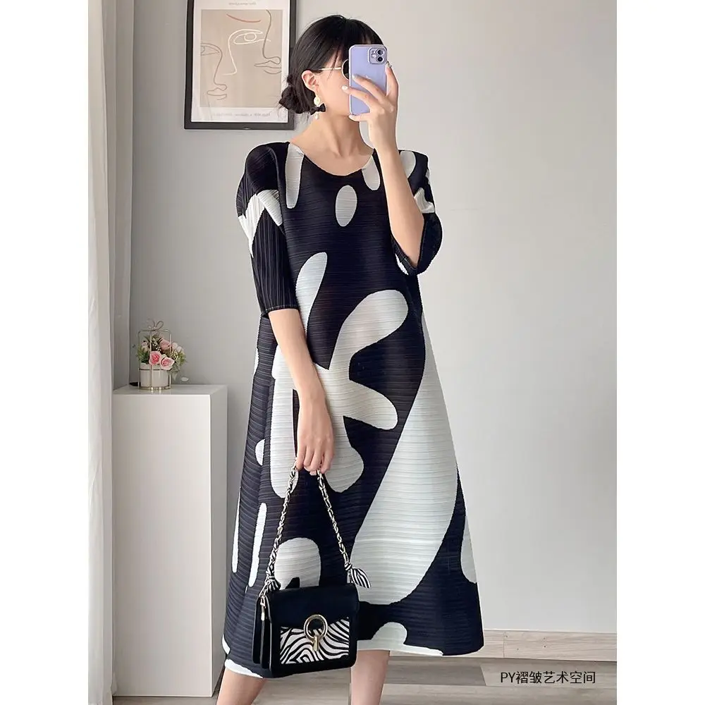 

Dress Female Summer Women Dress Short-sleeved Geometry Print Pleated Print Slimming Mid-length Skirt Female Tops Vestidos E12