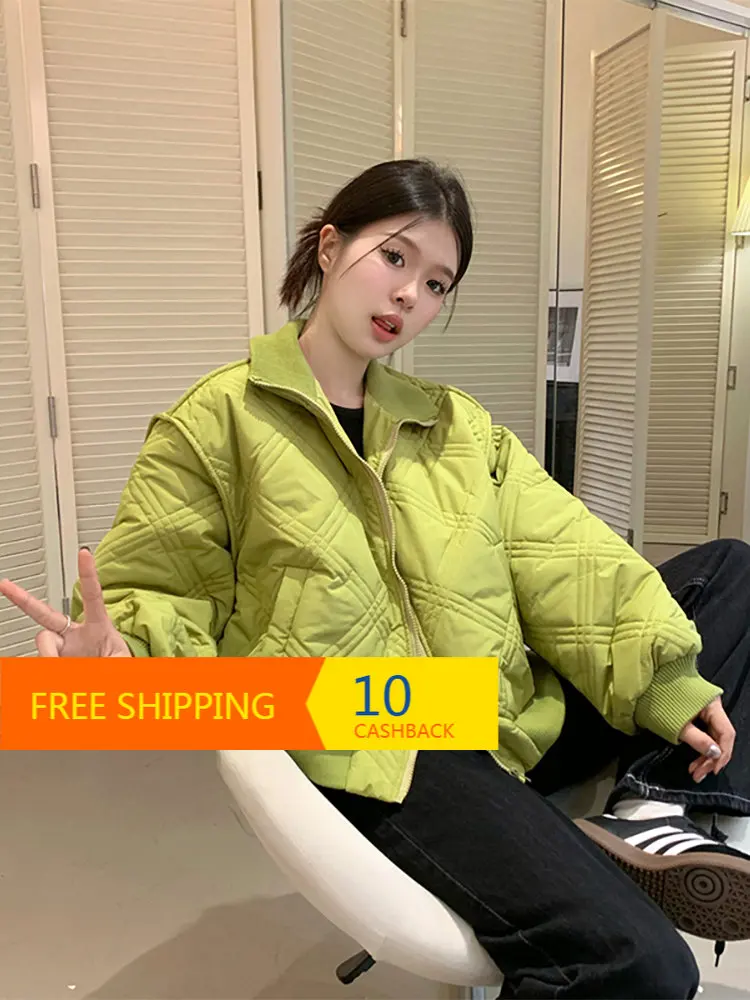 

Stand Collar Rhombus Elegant Green Cotton-Padded Clothes Autumn Winter Design Sense Niche Cotton-Padded Warm Coat Top Female Ins