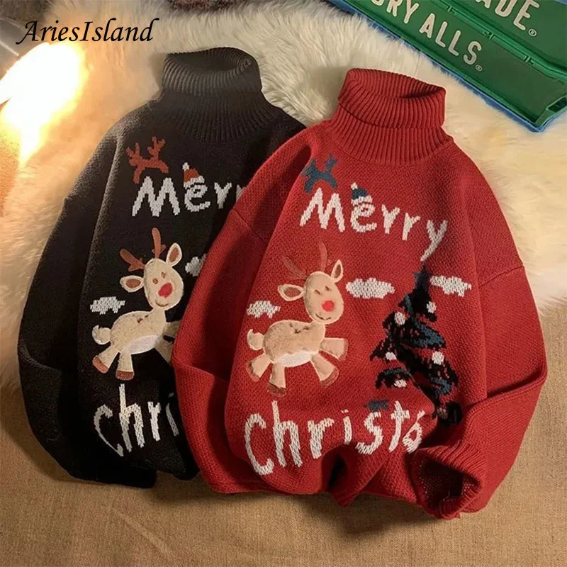 Autumn And Winter New Christmas Elf Print Unisex Warm Turtleneck Sweater Casual Loose Harajuku Pullover Hip-Hop Street Coupletop