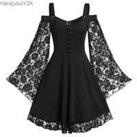 gothic aesthetic vintage women autumn dresses grunge lace patchwork flare sleeve black a line dress punk partywear
