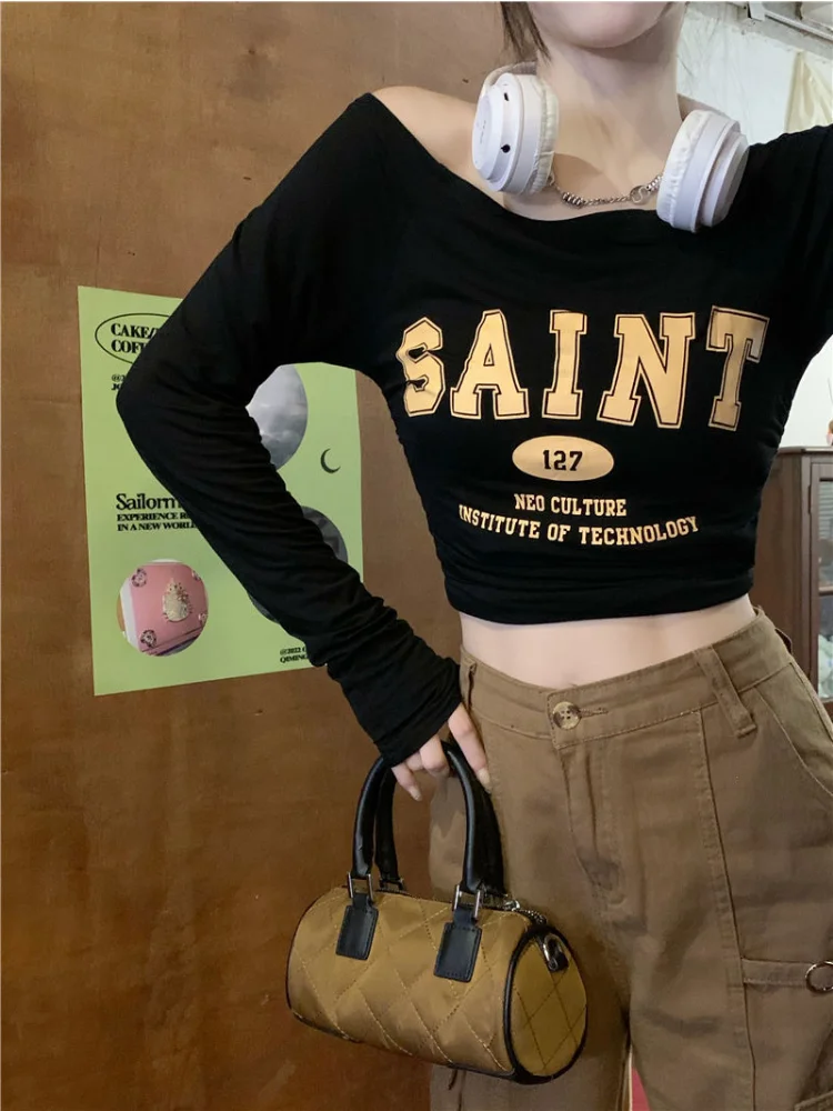 

Deeptown Y2k Aesthetic Letter Print Crop T-shirts Women Korean Style Off Shoulder Long Sleeve Tees American Streetwear Slim Tops