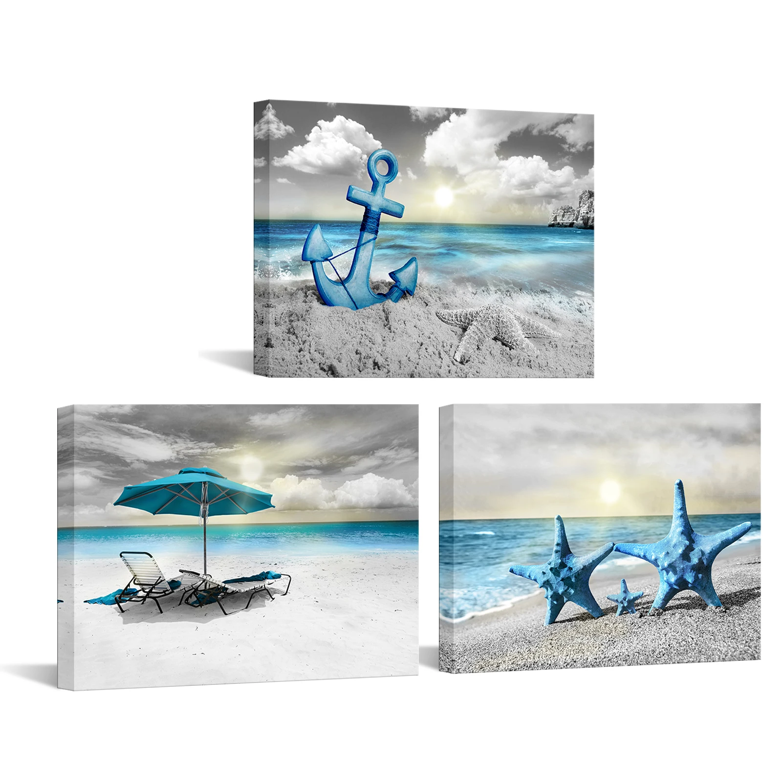 

3 Pieces Poster Wall Art Beach Scenery Print Canvas Painting Blue Ocean Modern Style Pictures Living Room Home Decor