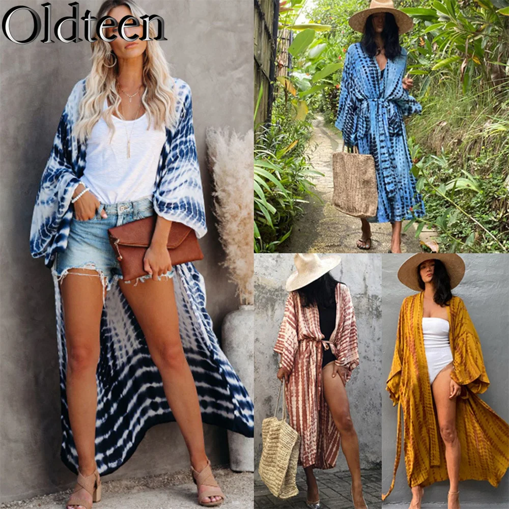 

2023 Fashion Long White Kimono Bikini Cover-ups Boho Print Wrap Dress Women Summer Clothes Beach Wear Swim Suit Cover Up Sarongs