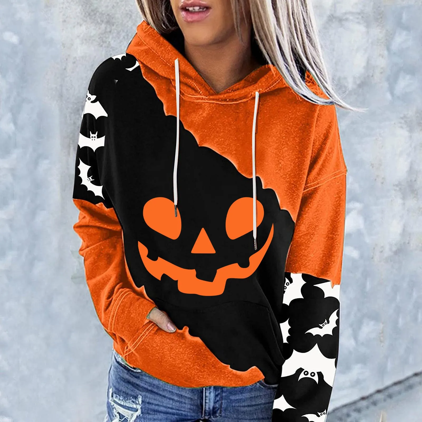 

Halloween Costumes For Women Casual Long Sleeve Hooded Loose Drawstring Pumpkin Skeleton Hoodie Pullover Ladies Shirts
