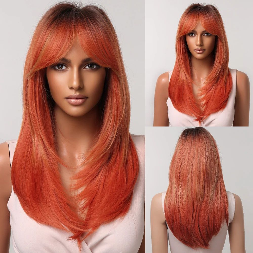 

Long Straight Synthetic Wigs Orange Ginger Wigs with Bangs for Women Cosplay Party Natural Hair Wig Heat Resistant Fiber