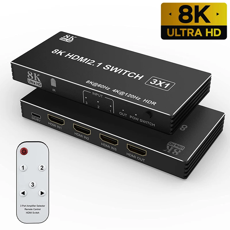 

Переключатель 8K HDMI 3x1 4x1 5x1 4K 120 Гц Переключатель HDMI 2,1 5 в 1 переключатель с поддержкой 48 Гбит/с HDR10 HDCP2.3 для ПК Xbox PS5 монитора