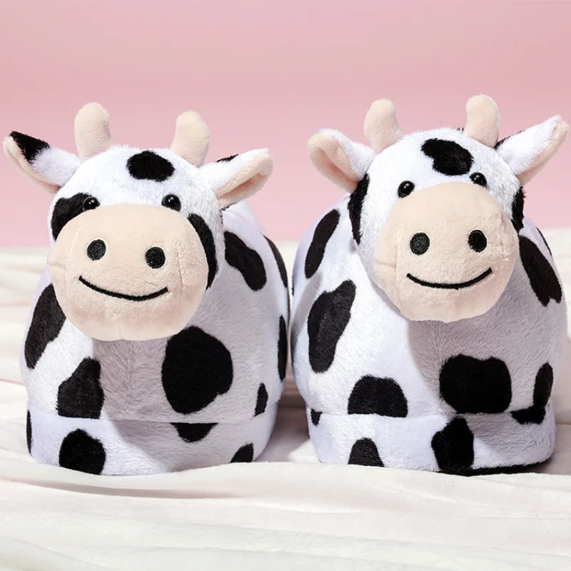 

New Cute Milk Cow Slippers for Women Winter Indoor Outdooe Warm Plush Non-slip Wrap Heel Female Home Slippers Cotton Shoes