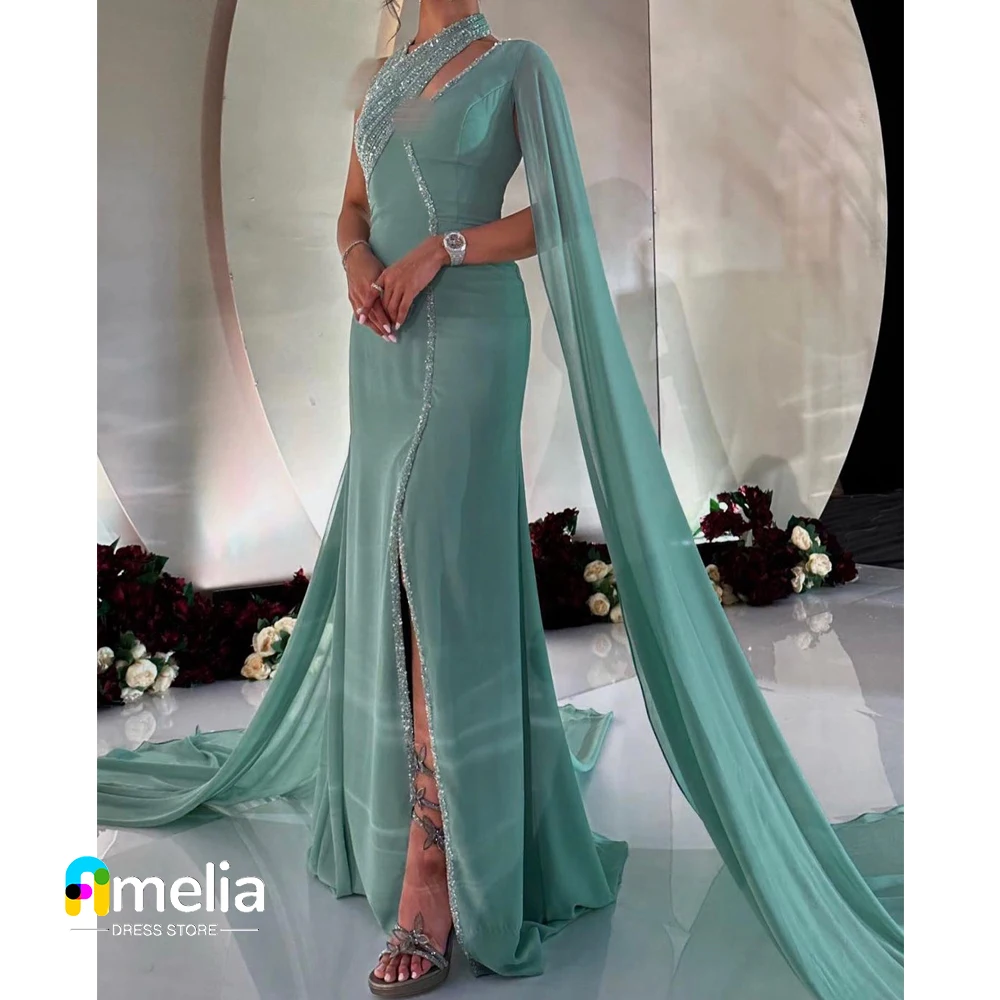 

Amelia Halter Neckline Prom Dress Shawl Sleeves Evening Gown With Split Floor Length Summer Women Wedding Party Dress2023