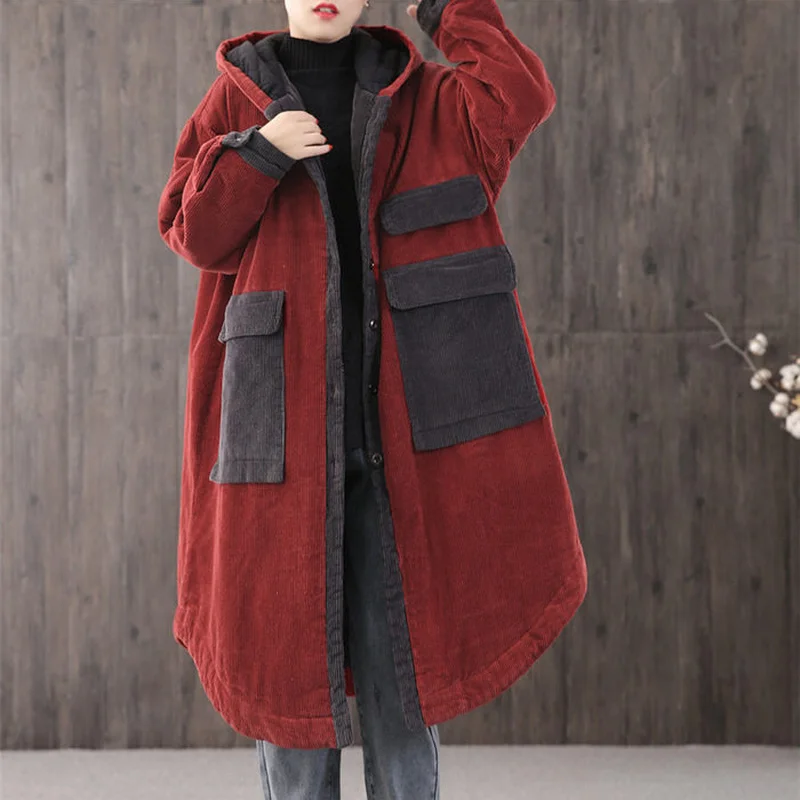 Corduroy Jacket Big Pocket Plus Cotton Thick Hooded Padded Coats Windbreaker Women's Autumn and Winter Loose Long Cloak Parkas