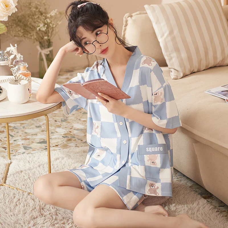 Comfortable Pajamas Women's Homewear Short Sleeve V Neck Short Sleeve Shorts Checkered Cartoon 2pcs Nightgown Bow-knot Sleepwear