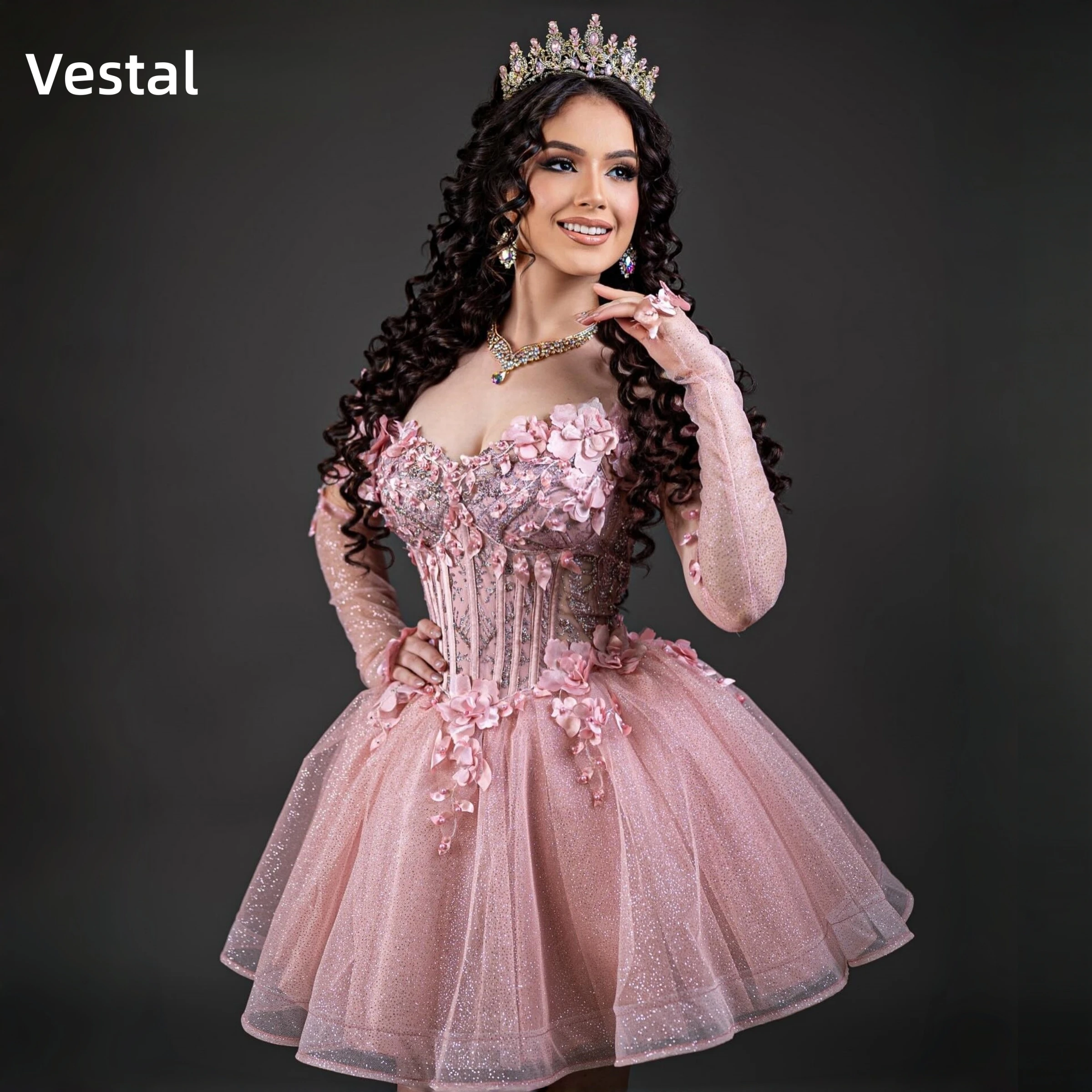 Фото Розовое платье принцессы для Quinceanera с 3D цветочным декором, бальное платье для выпускного вечера, нарядное платье на 16-летие с длинными рукавами, на заказ №1