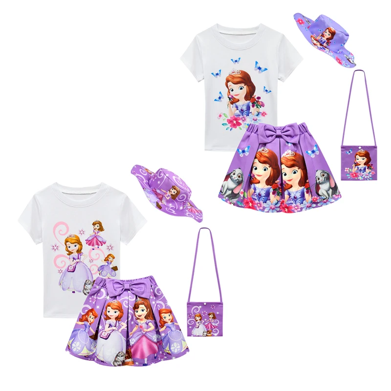 

Summer Kids Cartoon Clothing Baby Girls Sofia Princess Suit T-shirt + Short Skirts + Bag + Hat 4P Sets Crew Neck Casual Costume