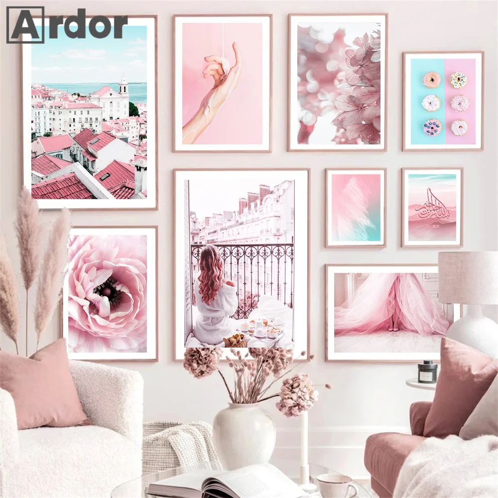 

Pink Girl Peony Flower Rome Window Wall Art Canvas Painting Fashion Dress Girl Posters Cake Print Picture Living Room Home Decor