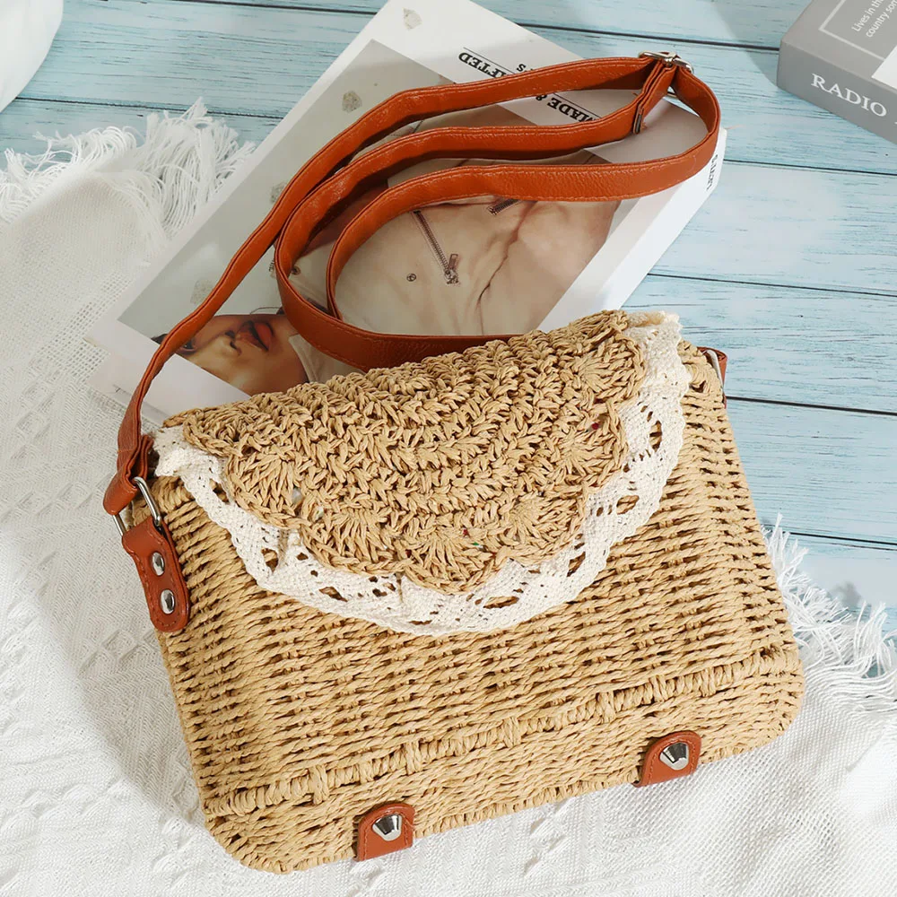 

Lightweight and Cute Handmade Woven Square Flap Bag, Sen Style Straw Braided Bag, Crossbody and Shoulder Beach Bag for Women