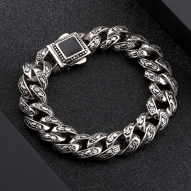 

Vintage 316L Stainless Steel Bracelets For Men Viking Engraving Cuban Link Chain Bracelets Men Resin Clasp Curb Bangles Jewelry