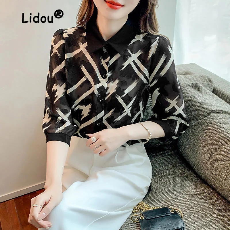 

2023 Spring Autumn Printing Single-breasted Blouse Women New Classic Half Sleeve Polo Collar Office All-match Lady Shirt