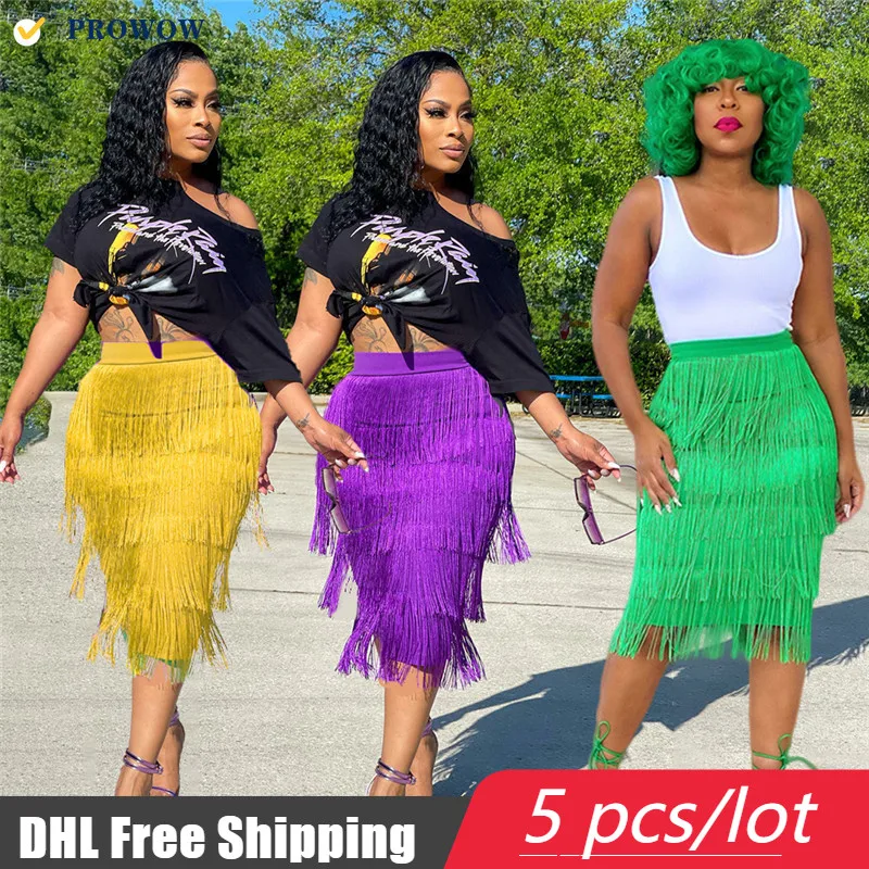 

PROWOW Fairy Wind Woman Skirt All-match Fashion Slim Summer Solid Hip Wrap Fringe Knee-length Skirts Wholesale lady Clothes 7538