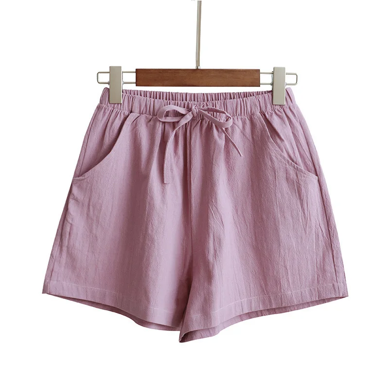 Girl's Summer Casual Hot Shorts Women Elastic Cotton Linen High Waist Breathable Solid Color Wide Leg Short Pants Leisure Bottom