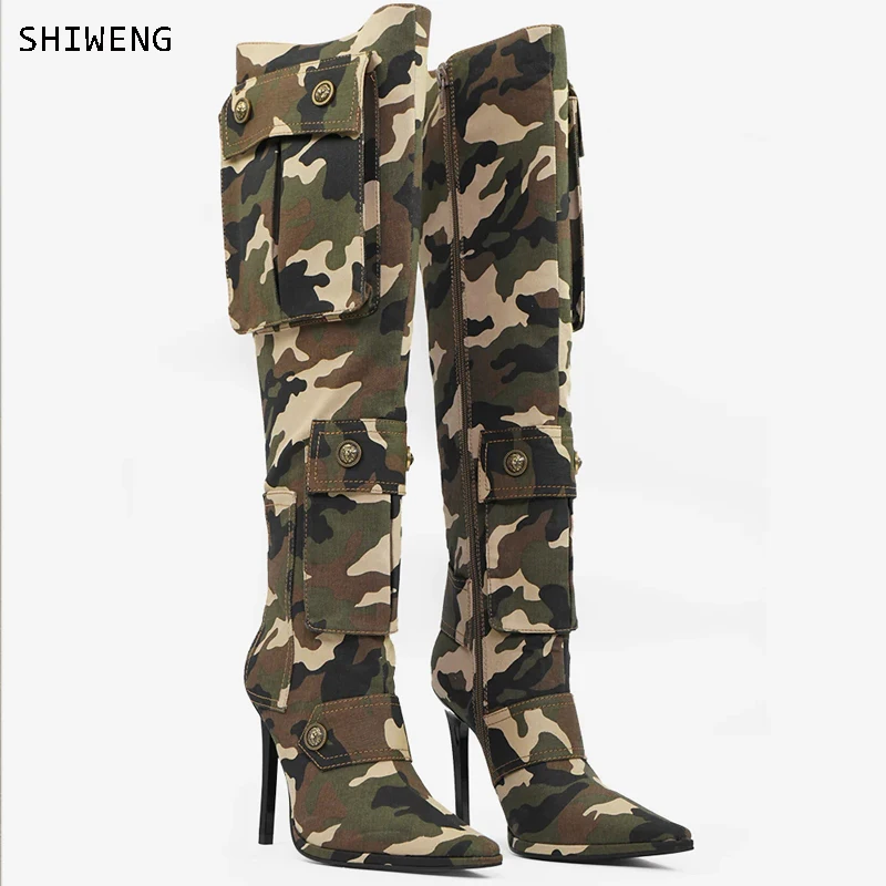 

Сапоги женские камуфляжные до колена, ботинки с карманами, тонкий каблук-шпилька, армейский цвет, 44