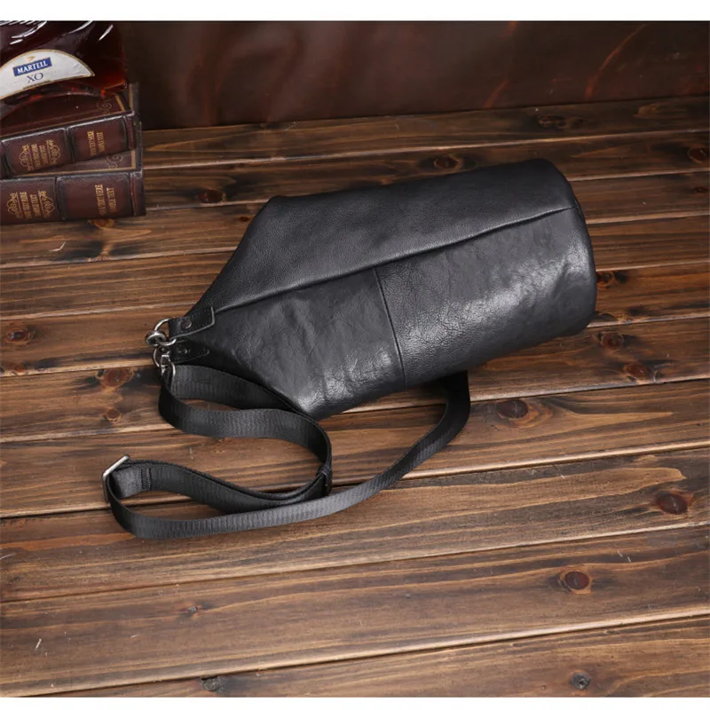 Simple Casual luxury Natural genuine Leather Men Black Bucket Bag Outdoor Daily Teen Work Weekend Party Soft cowhide Chest Bag