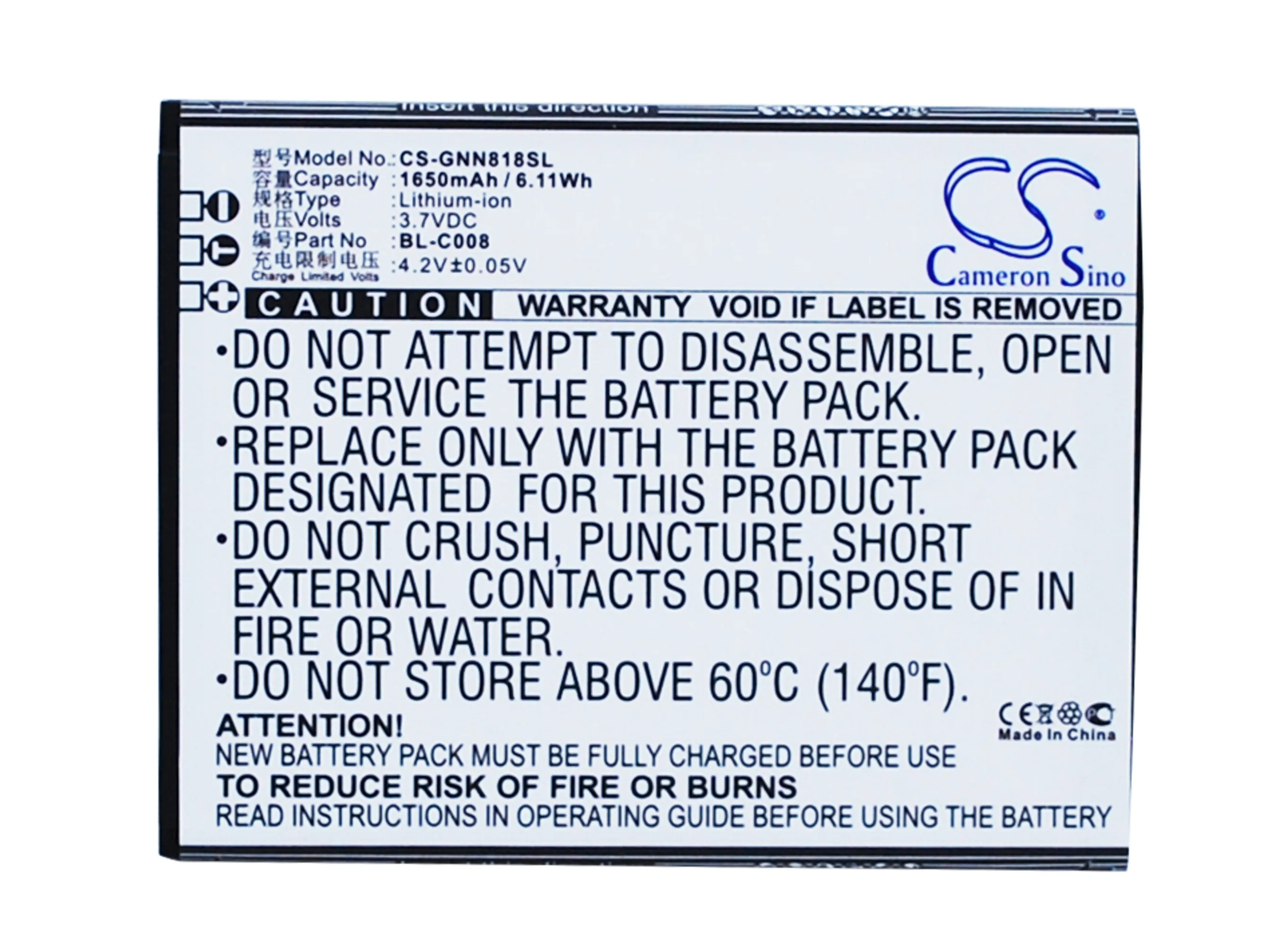 

CS 1650mAh / 6.11Wh battery for GIONEE GN705T, GN705W, GN818T BL-C008