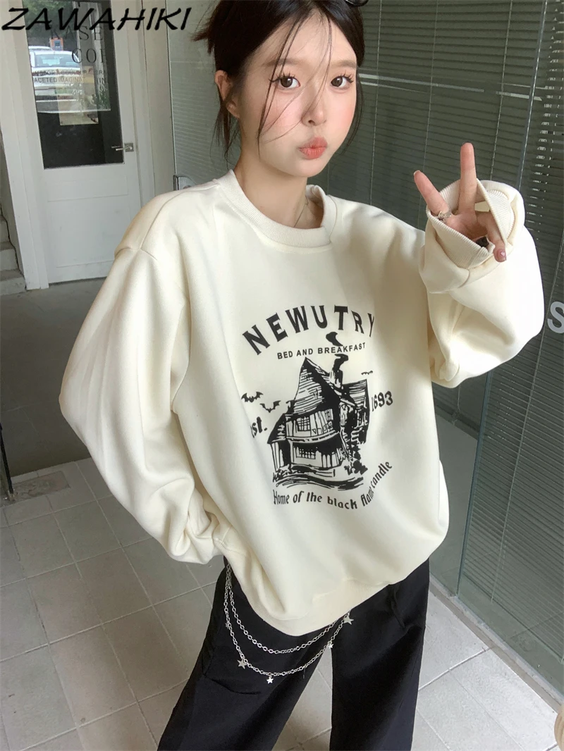 

ZAWAHIKI American Retro Letter Grunge Graphic Print New Loose O-neck Sweatshirt Designed Fashion Vintage Casual Long Sleeve Tops