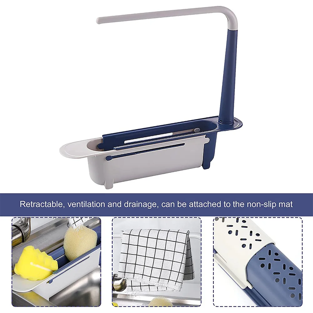 

Telescopic Sink Holder Adjustable Drainer Sink Tray Sponge Soap Holder Holder Dish Cloth Hanger for Home Kitchen 2-in-1 Holder