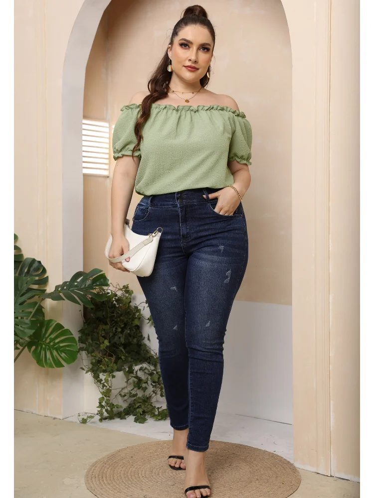 Women's wooden ear edge one line collar sexy off shoulder casual sweet short sleeved T-shirt plus size women clothing