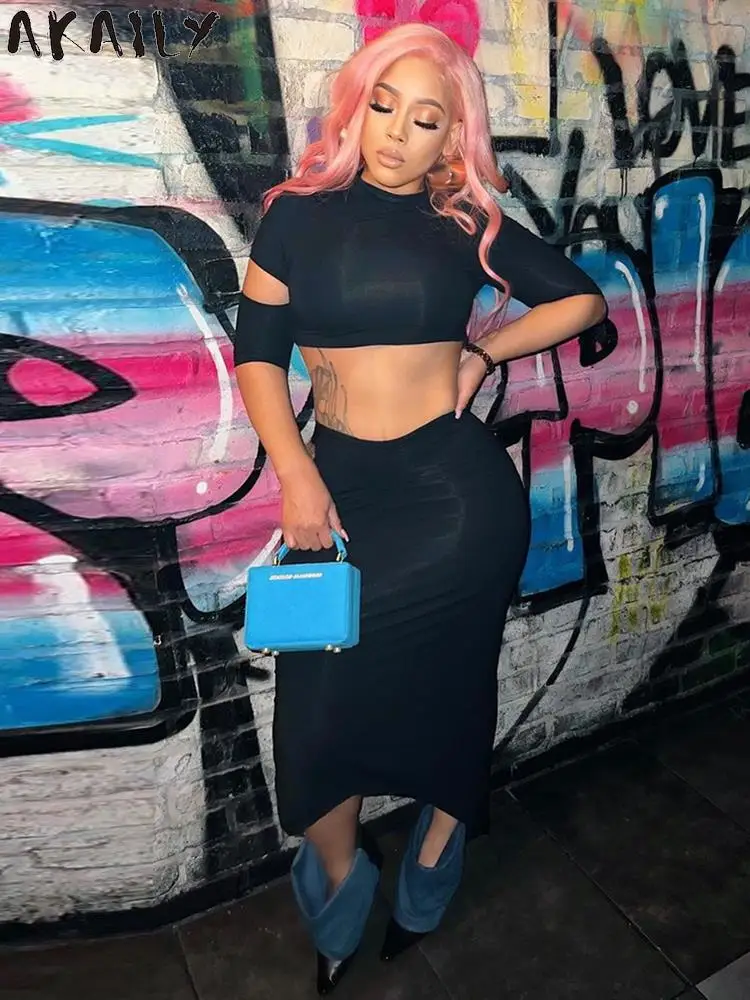 

Akaily Summer Casual Hole 2 Two Piece Sets Womens Outifits O Neck Half Sleeve Crop Top Bodycon Skirts Black Matching Sets Female
