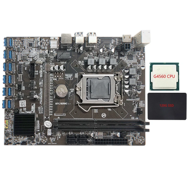 

B250C Mining Motherboard With G4560 CPU+SATA SSD 120G 12XPCIE To USB3.0 Graphics Card Slot For BTC