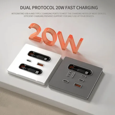 Панель настенной розетки 86 типа с PD USB-C мощностью 20 Вт и портами USB-A |   Выдвижной кабель длиной 80 см для быстрой зарядки iPhone/Android ​