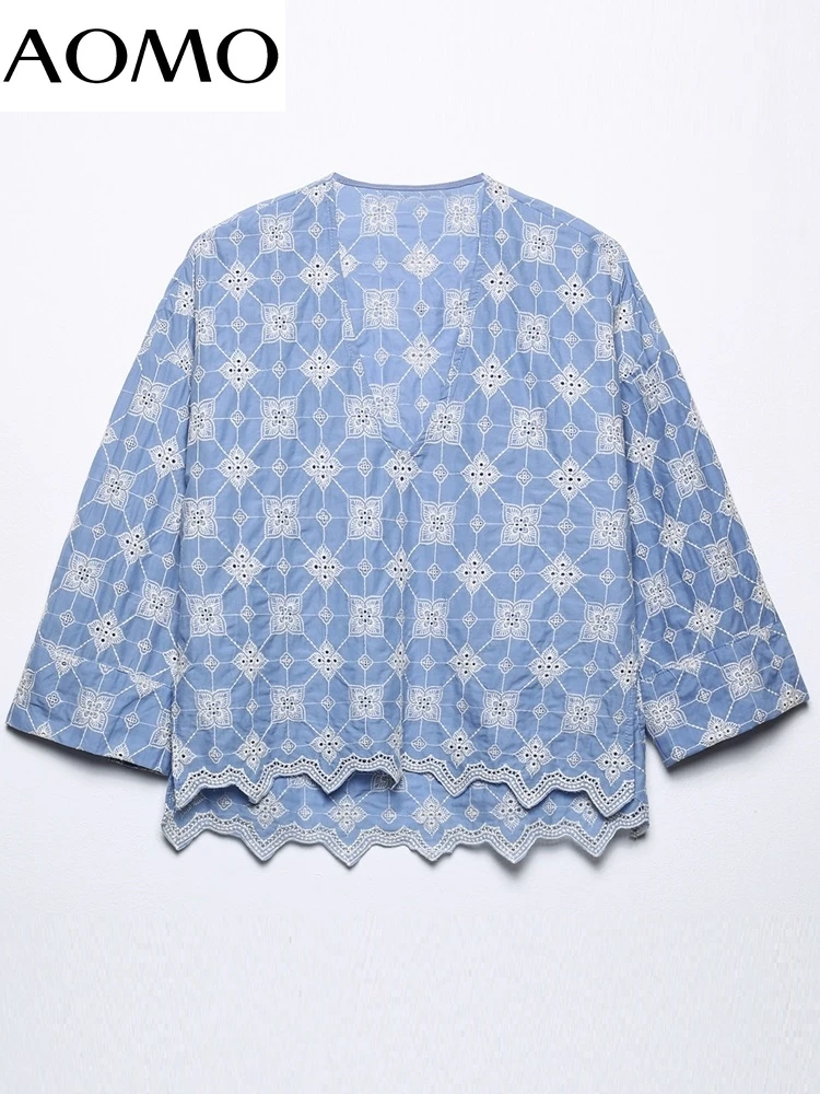 

AOMO Women Retro Blue Embroidery Romantic Blouse Shirt V Neck Long Sleeve 2022 Chic Female Shirt Tops 6H53A