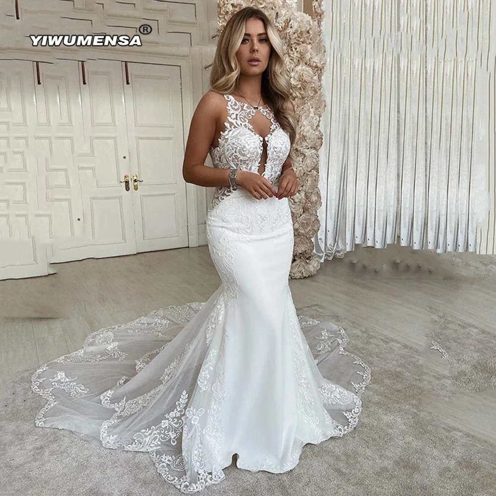 

Dubai Africa Mermaid Wedding Dresses High Neck Appliques Sweep Train Sleeveless Women Marriage Formal Party Bridal Gowns Ivory