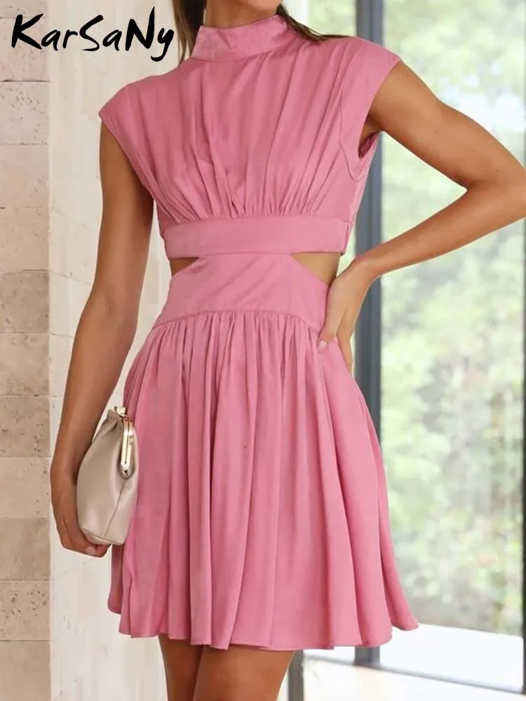 

KarSaNy Short Summer Dresses For Women 2023 High Waist Elegant Bareback Mini Dress Ladies Stand Collar Black Short Dresses Party