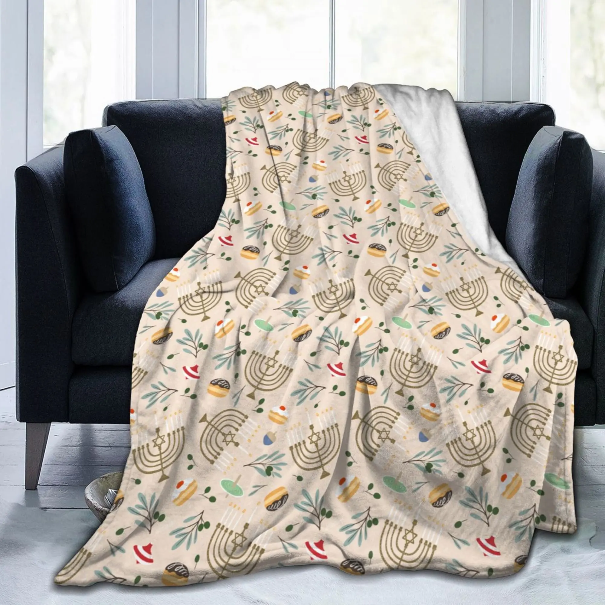 

Happy Hanukkah Festival Light Throw Blanket Soft Warm Lightweight Blankets for Home Office Travel Couch Bed Sofa Car All Season