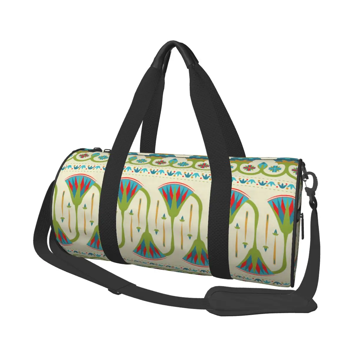 

Egyptian Floral Border Pattern Travel Bags Men Fitness Handbag Cylinder Shoulder Bag Women Large Travel Tote Luggage Bag