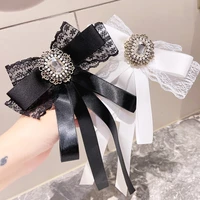 women crystal rhinestone bowtie necktie korean fabric lace bowknot brooches for ladies collar pin jewelry clothing accessories
