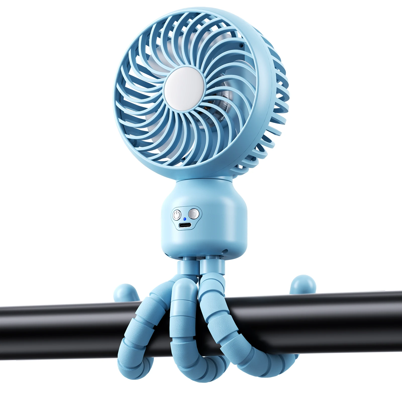 

4000mah Blue Stroller Rotatable Operated Fan,Flexible Tripod Clip On Fan with 3 Speeds and Handheld Personal Fan for Car Seat