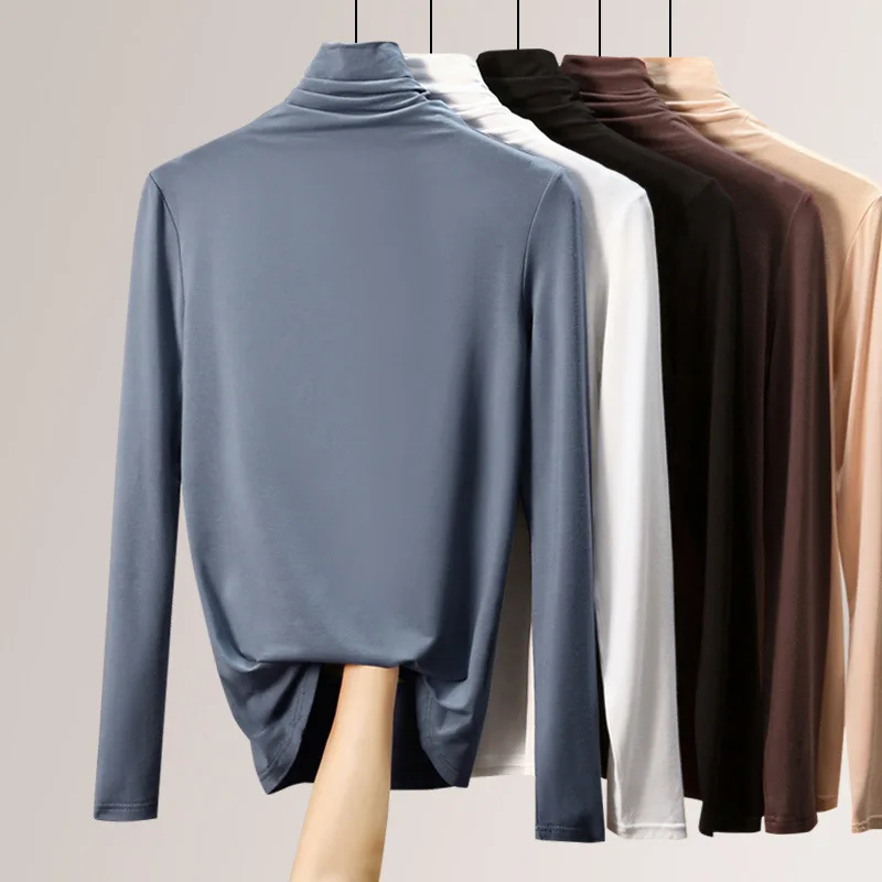 Осенняя Корейская хлопковая футболка Женская винтажная Водолазка с длинным