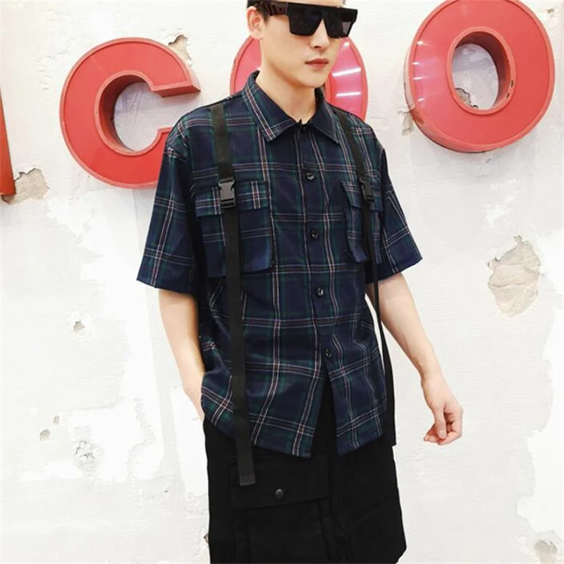 Man shirt men singer personality Loose tooling shirts Hip hop lattice short sleeve shirt men stage homme summer b674