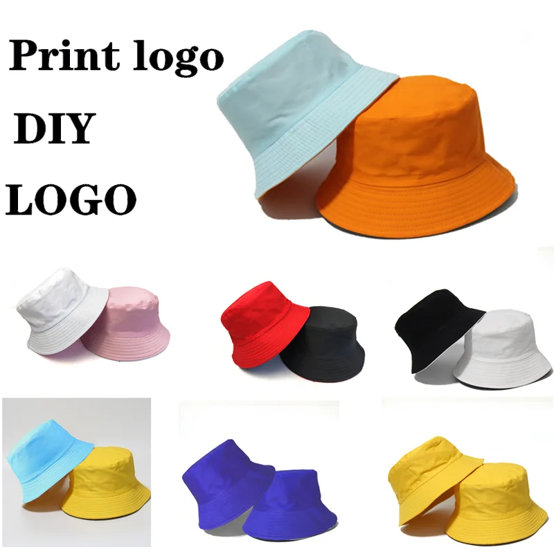 

Custom Logo Printed Cotton Bucket Hat Women's Summer Panama Cap Men's Unisex Solid Color Double Sided Fisherman's Hats Bob Caps