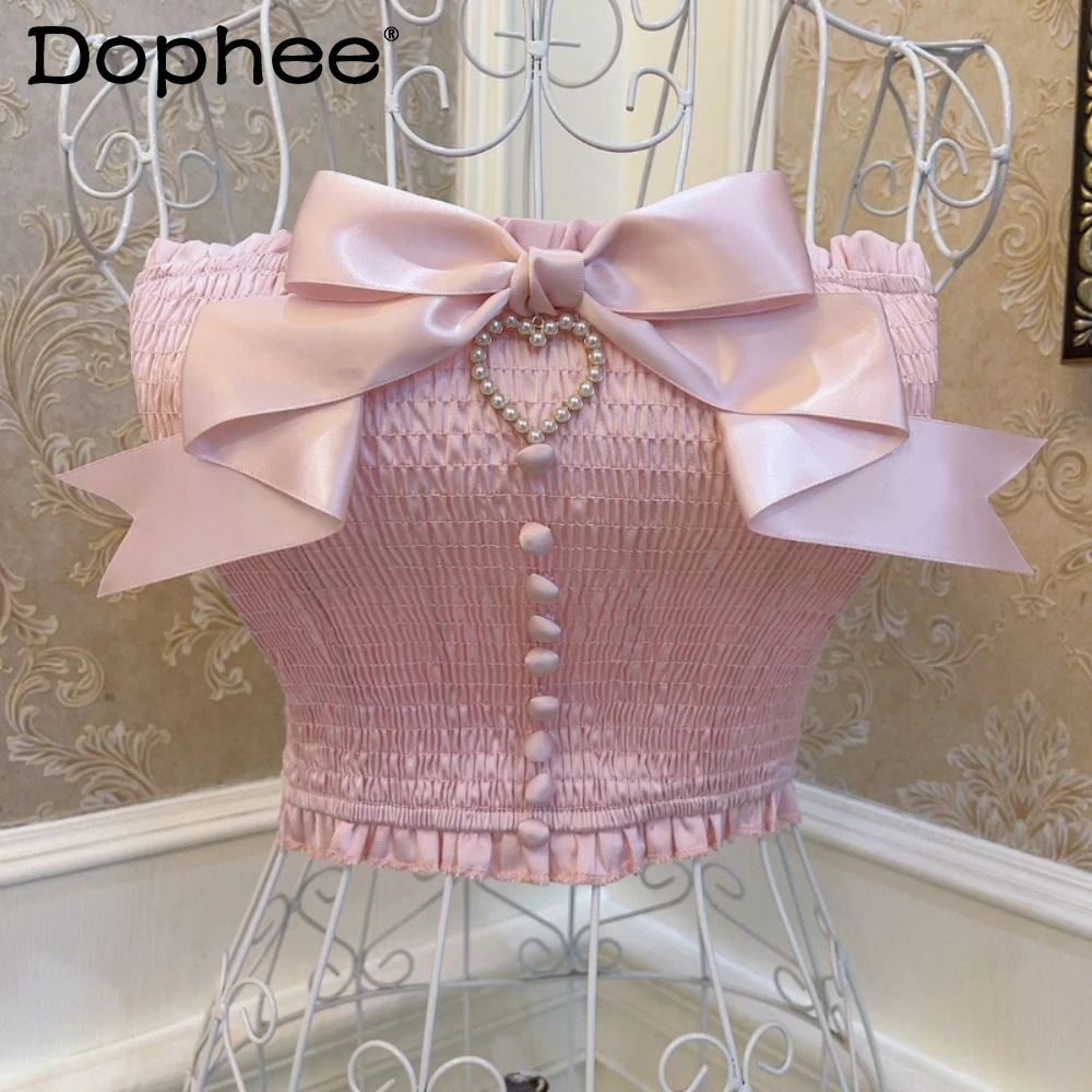 

Retro Camisoles Sweet Princess Bow Love Pearl Wooden Ear Bare Midriff Slim Fit Slimming Short Tube Top Tanks For Women's Clothes