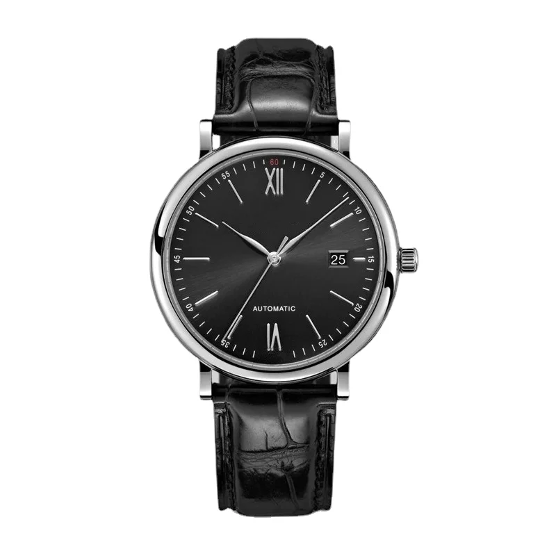

Мужские механические часы с автоматической застежкой из черной кожи