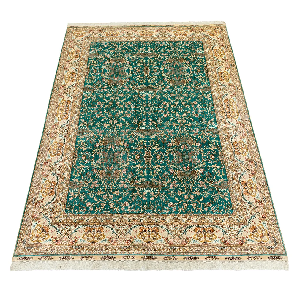 New Fashion 6x9 ft Green Floral Design Hand Knotted Silk Persian Carpets For 5 Star Hotel