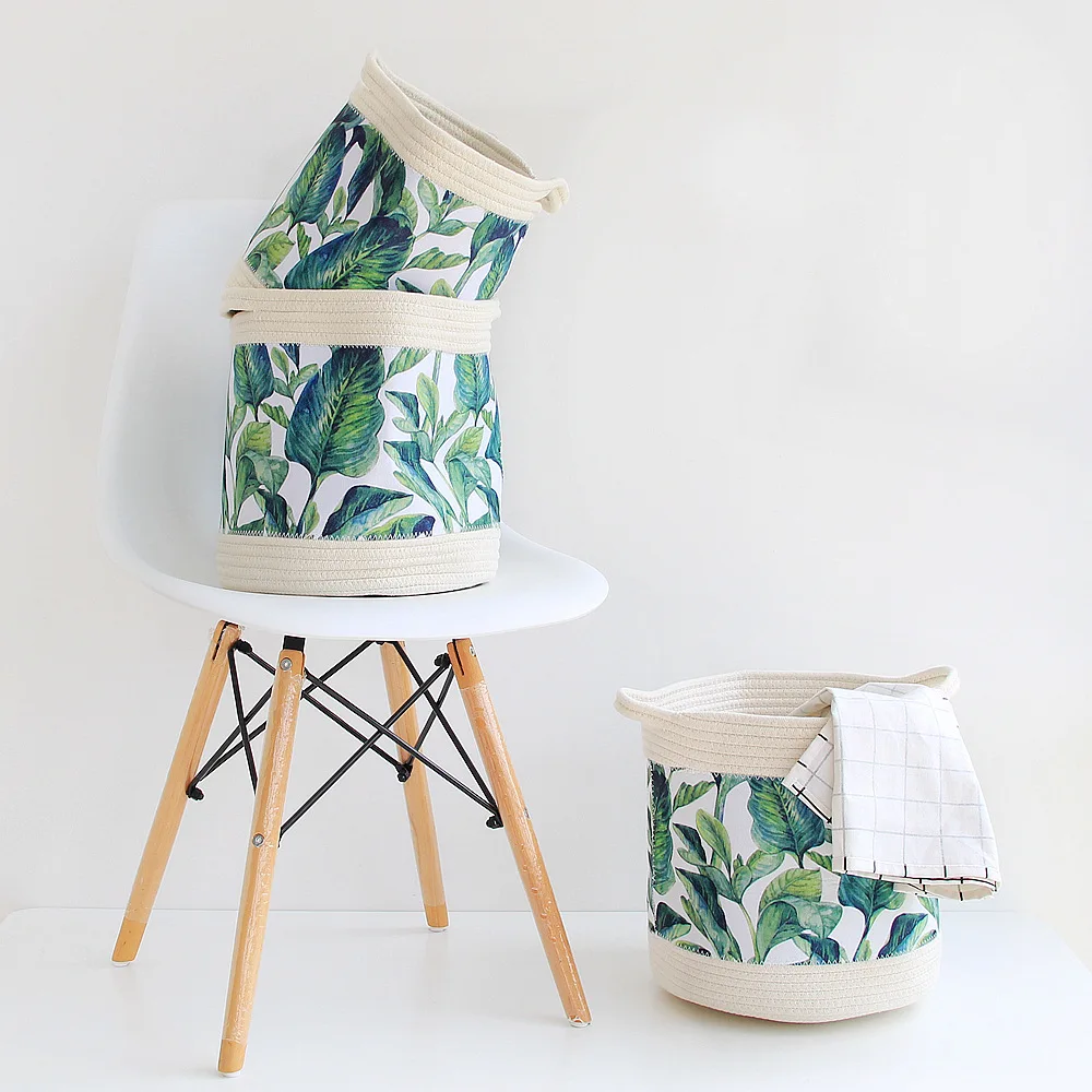 

1PCS Nordic Style Storage Basket Green Leaf Cotton Rope Organizer Basket Woven Finishing Foldable Sundries Clothes Storage Box