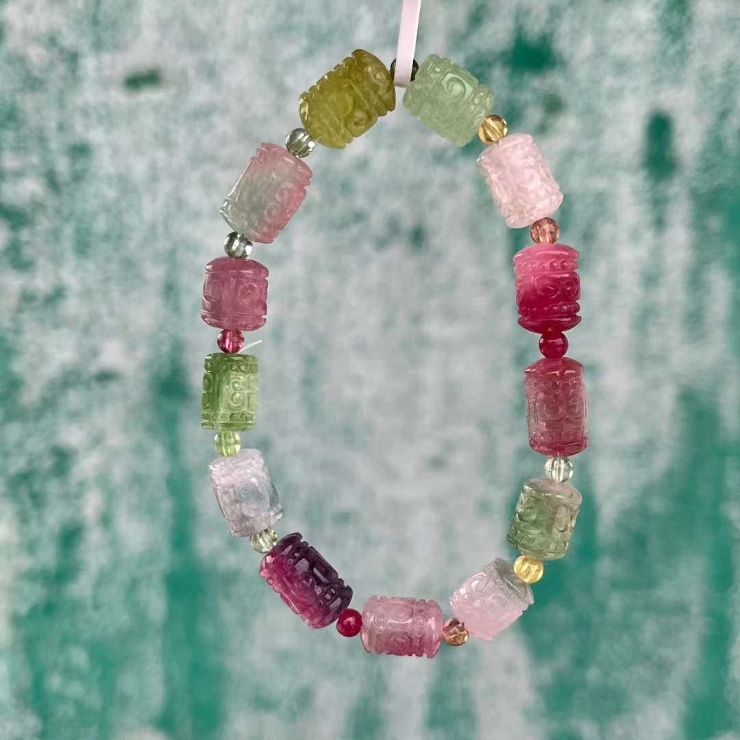 

Natural Green Red Tourmaline Clear Bracelet Bangle 7.5mm Carved Barrel Colorful Tourmaline Stretch Bangle AAAAAAA