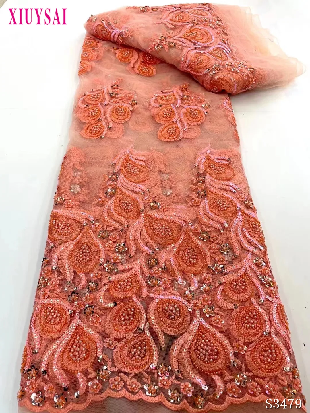 

Latest French Nigerian beads/sequins Laces Fabric 2022 African Embroidery Tulle Lace Fabric Nigerian Lace For Wedding 5yard